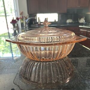 Vintage Jeanette Glass Co pink depression glass casserole w/lid “Adam” pattern